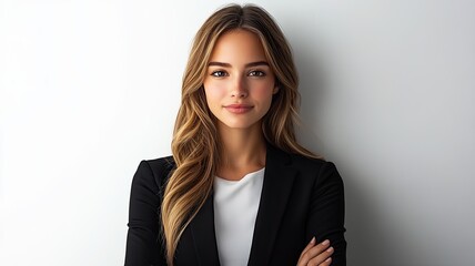 Confident Businesswoman with Neutral Background, Portrait of a confident young businesswoman in professional attire, standing against a clean, neutral background with arms crossed.

