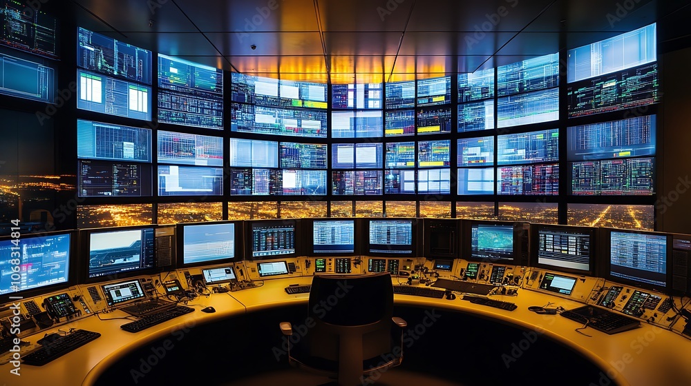 Poster a control room filled with monitors displaying data and a view of a city at night