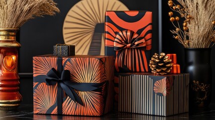 Stylish Art Deco gift boxes with bold patterns and luxurious ribbons, perfect for elegant holiday gifting.