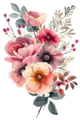 Fototapeta premium Pink flower bouquet with beautiful branches and leaves. Wedding concept. Watercolor
