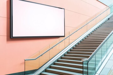 Subway advertising area: large billboard, pastel peach wall, sleek glass stairway.