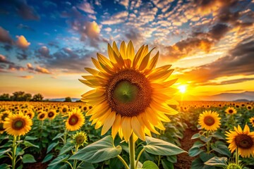 Obraz premium Close-Up of Vibrant Sunflower in a Golden Sunflower Field at Sunset, Capturing the Warm Glow and Intricate Details of Nature's Beauty in a Panoramic View