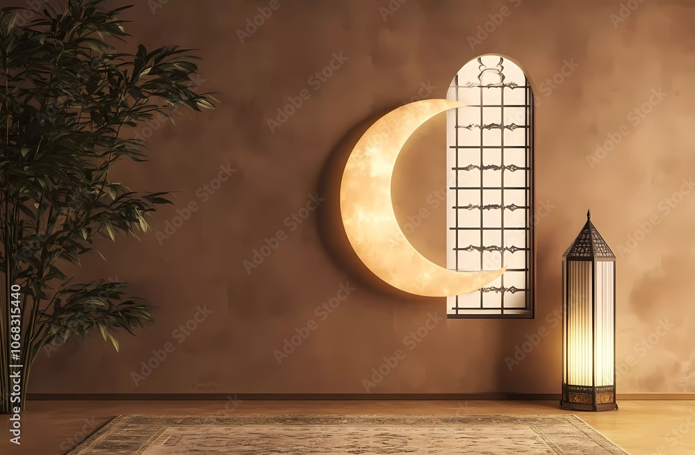 Poster 3d rendering of a ramadan kareem background with a crescent moon and window on a brown wall, with co
