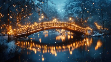 A tranquil night scene featuring a bridge illuminated by ethereal lights, creating a dreamy Christmas atmosphere.
