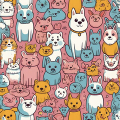 Design a white-background illustration in a pastel digital vector style, using colors such as pink, light blue, and yellow. Draw cartoon dogs in cute, friendly poses with cheerful expressions, adding 