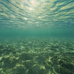 Underwater scene with sunlight filtering through clear water and sandy floor.