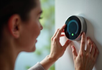 A woman is adjusting the thermostat on a wall