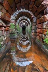 Fototapeta premium Ancient stone tunnel with reflective water in a natural setting, creating a serene and mysterious atmosphere, explored during a quiet afternoon