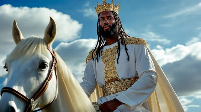 black Jesus Crist wearing gold crown and white robe riding on white horse back with blue clear sky as background