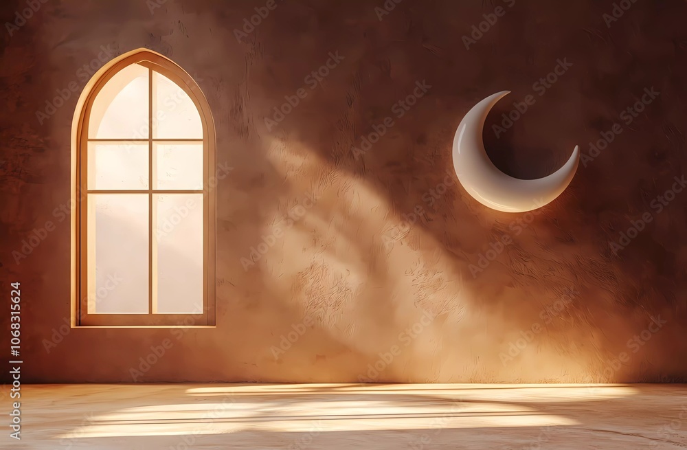 Poster 3d rendering of a ramadan kareem background with a crescent moon and window on a brown wall, with co