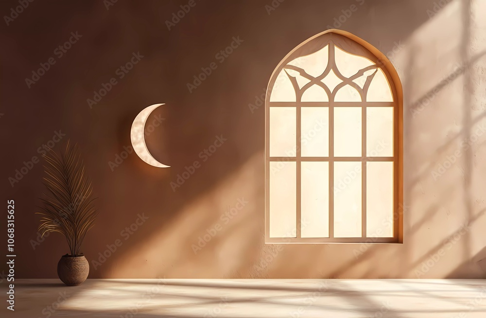 Poster 3d rendering of a ramadan kareem background with a crescent moon and window on a brown wall, with co