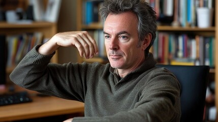 Office worker stretching arms and shoulders in a home office, with a blurred bookshelf and desk in the background, promoting comfort and wellness in a productive workspace.