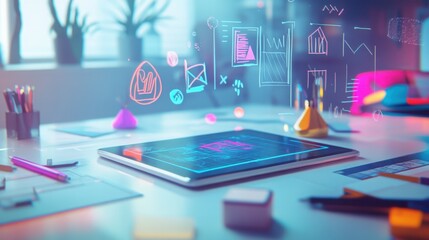 Fototapeta premium Realistic 3D image of an individual marking new creativity goals on a tablet, surrounded by bright sketches and icons representing inspiration in a modern office