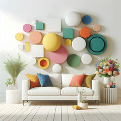 A brightly colored circles and circles are mounted on a wall in a living room
