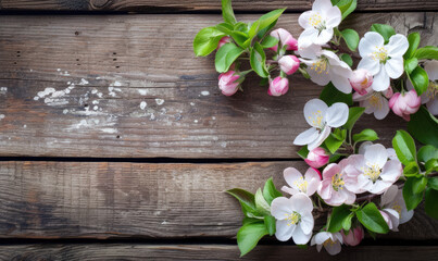 Spring apple blossoms flowering branch on wooden background,Copy space