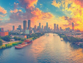 Fototapeta premium Vibrant sunset over a city skyline with a river and boats in the foreground.