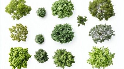 collection of tree views from above isolated on white background