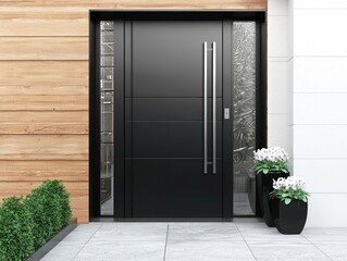 Sleek black front door paired with compact orchids for a modern touch.