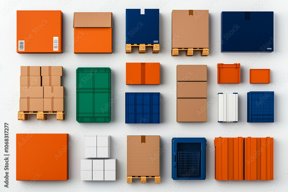 Poster collection of various packaging and pallets in different colors and sizes, showcasing efficient inve