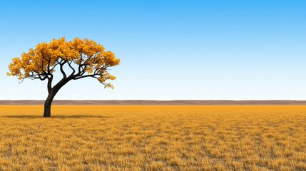 Solitary Tree in a Golden Field with Blue Sky Landscape