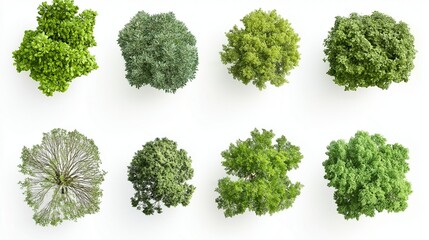 collection of tree views from above isolated on white background