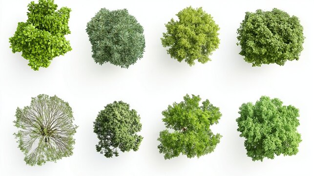 collection of tree views from above isolated on white background