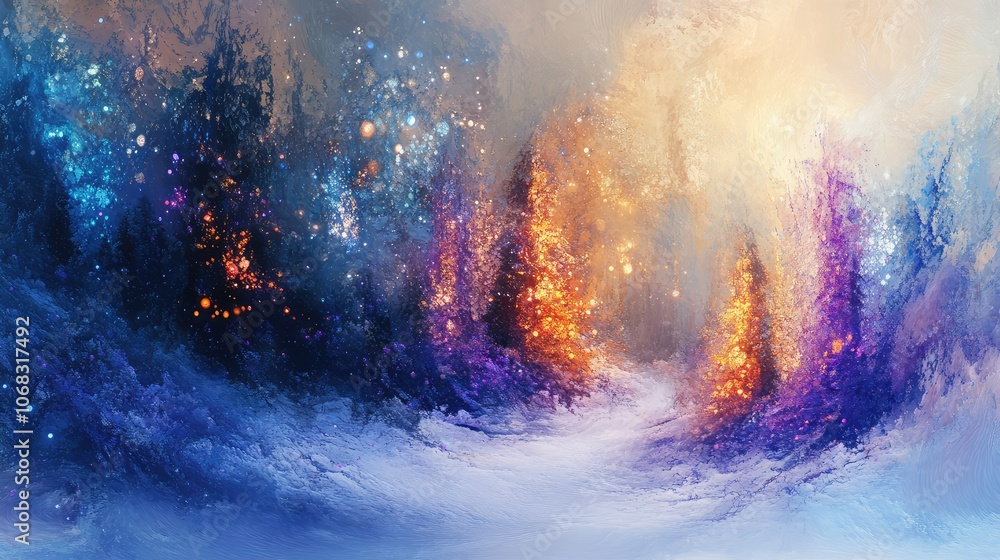 Poster an abstract winter scene with ethereal lights and shimmering colors, representing the magic of chris