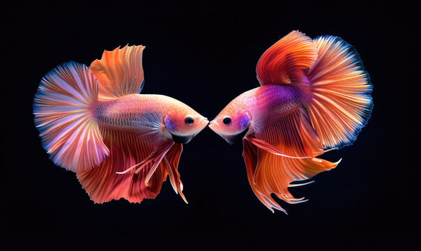 recommend clip art: Beautiful movement of Fullmoon betta fish, Two Fancy Fullmoon Betta, The moving moment beautiful of Siamese Fighting fish, Betta splendens, Rhythmic of Betta fish isolated on black background