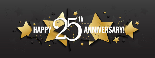 HAPPY 25th ANNIVERSARY black and metallic gold vector typography banner with stars on black background