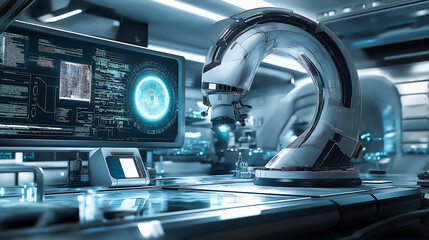 Fototapeta premium Futuristic machinery in modern laboratory, Microscopes, and scientific instruments in the futuristic lab