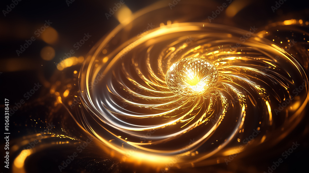 Poster Golden particles swirl in a stunning vortex, creating a captivating visual effect filled with depth and movement