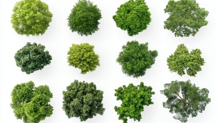 collection of tree views from above isolated on white background