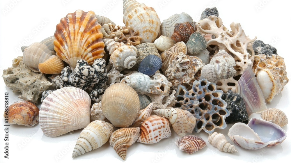 Poster assorted seashells on white background for display