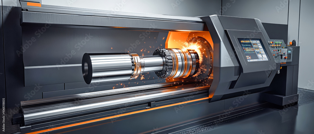 Aufkleber cnc machine performs precision manufacturing with sparks flying in a dark factory environment