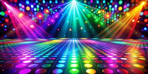 Colorful Rainbow Disco Lights Creating a Vibrant Atmosphere with Copy Space for Text Overlay in a Nightclub or Dance Floor Setting
