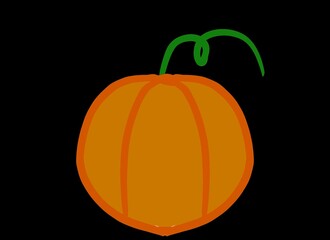 A large orange pumpkin on a black background. The subject of vegetables and berries. Illustration of a symmetrically shaped pumpkin.