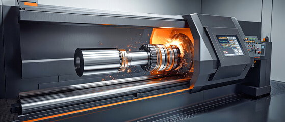 CNC machine performs precision manufacturing with sparks flying in a dark factory environment