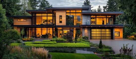 Obraz premium Contemporary house with prize-winning green garden design in the Pacific Northwest.