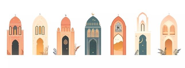 Vector illustration of a set of banners with mosque windows and a moon for Eid Mubarak or Eid al-Fitr celebration greeting backgrounds in a flat style