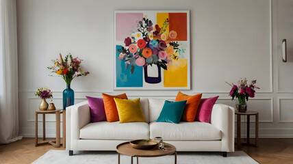 A brightly colored pillows and a vase of flowers sit on a white couch
