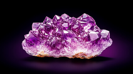 Fototapeta premium This captivating amethyst cluster exhibits sparkling purple crystals illuminated against a dark background