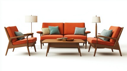 mid century modern furniture collection isolated on white background