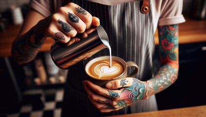 Barista making coffee, mug close up