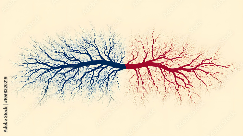 Aufkleber a visually striking illustration of intertwining blue and red branches, symbolizing contrast, unity,
