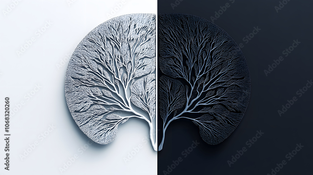 Poster a split-image of a tree, one side in white and the other in black, symbolizing duality, contrast, an