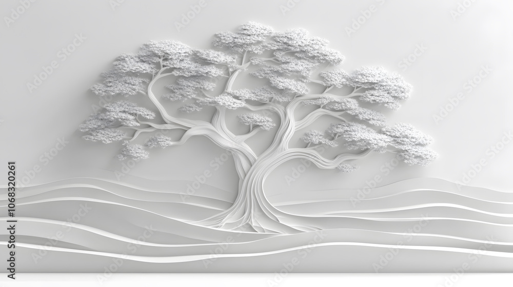 Poster a minimalist, textured relief of a tree with swirling waves, set against a white background, emphasi