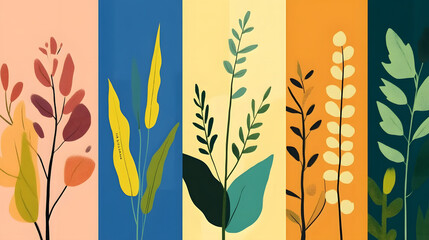 A vibrant, stylized illustration showcasing various botanical elements with colorful backgrounds, highlighting the beauty of nature.