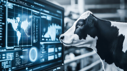 A curious cow looking at a computer screen displaying data and graphs in modern farm. Innovation in modern farming
