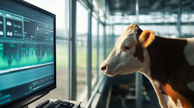 A curious cow looking at a computer screen displaying data and graphs in modern farm. Innovation in modern farming

