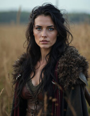 Brunette blu eyes woman model dressed like a norse viking barbarian in a empty field, looking at the viewr, cloudy sky